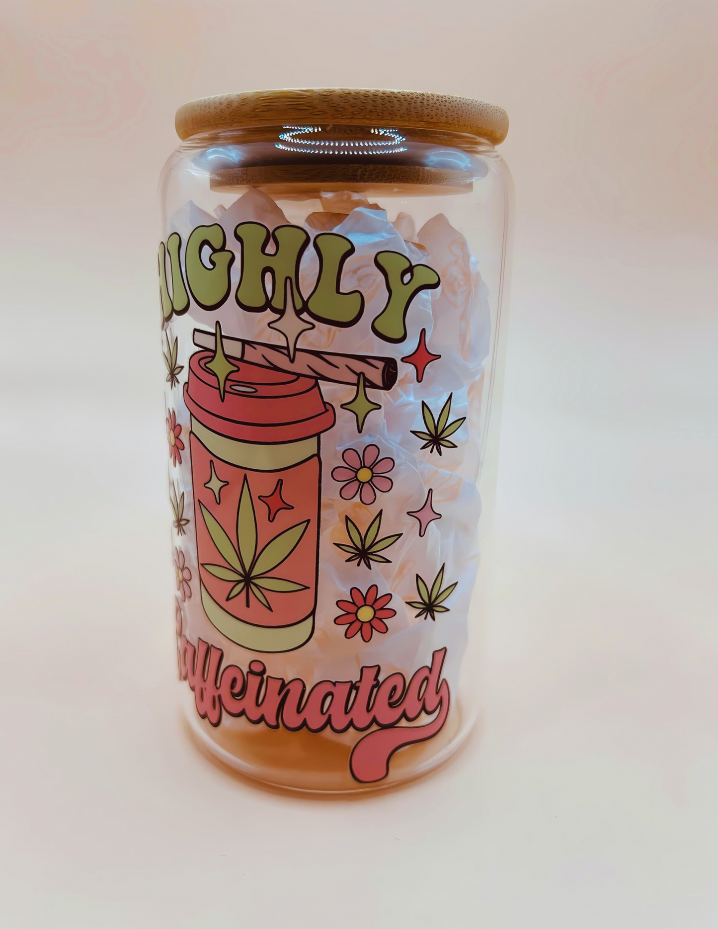 Highly Caffeinated 16oz Libbey Glass Can | Stoner Coffee Glass | 420 Tumblers | Moms Smoke Too | Gardener Iced Coffee Cup | Mary Jane Glass Tumbler