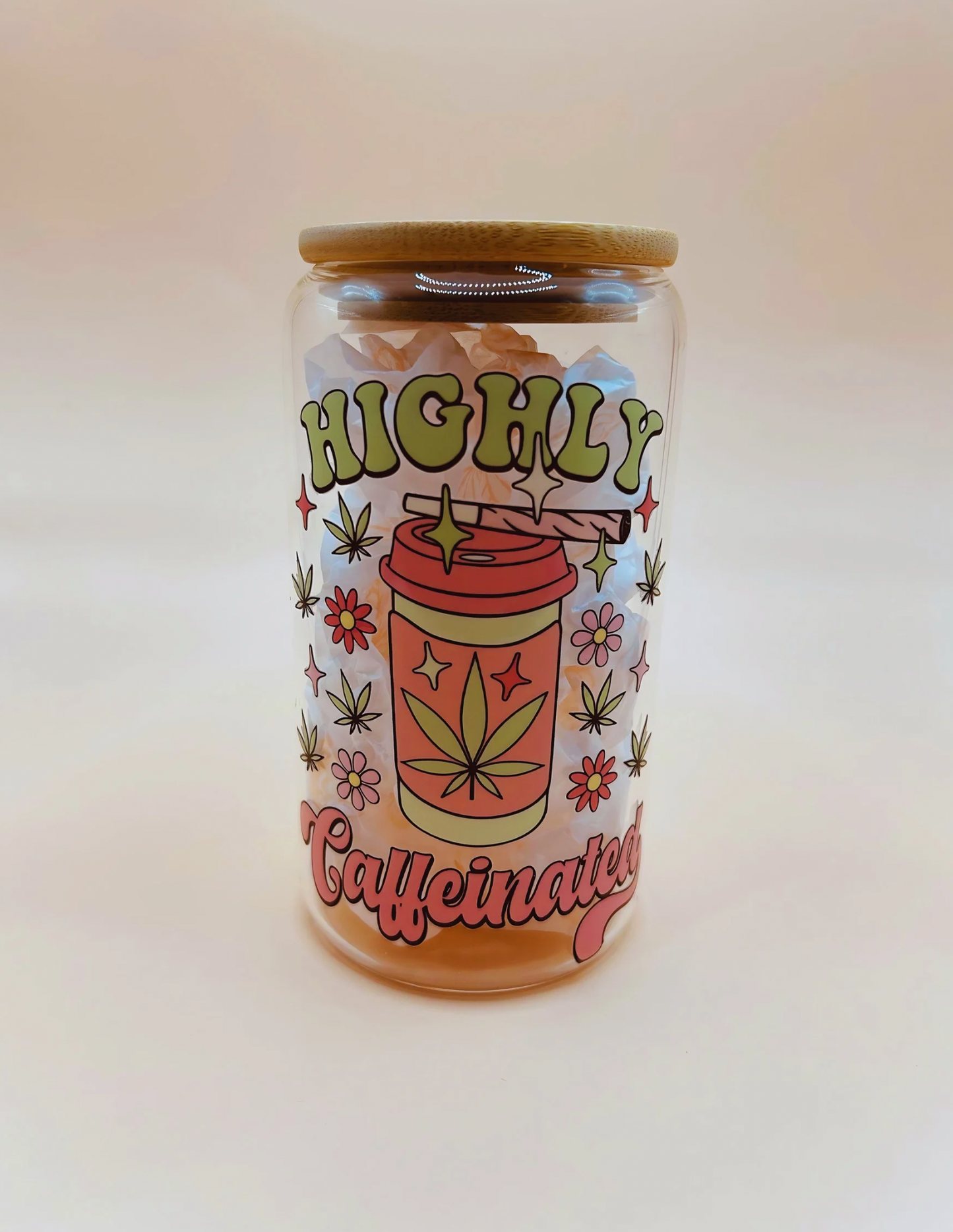 Highly Caffeinated 16oz Libbey Glass Can | Stoner Coffee Glass | 420 Tumblers | Moms Smoke Too | Gardener Iced Coffee Cup | Mary Jane Glass Tumbler