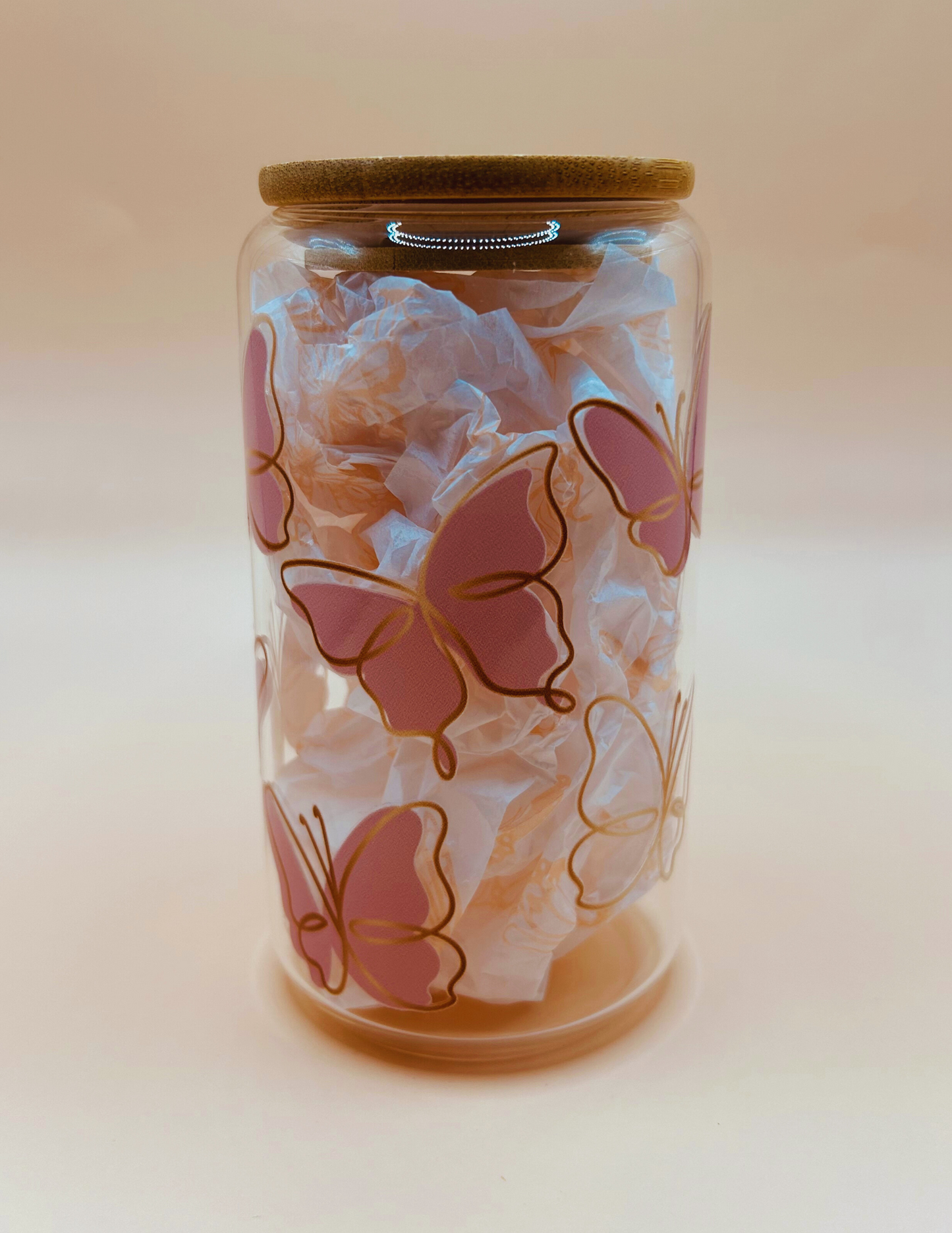 Rose Gold & Butterflies 16oz Libbey Glass Can