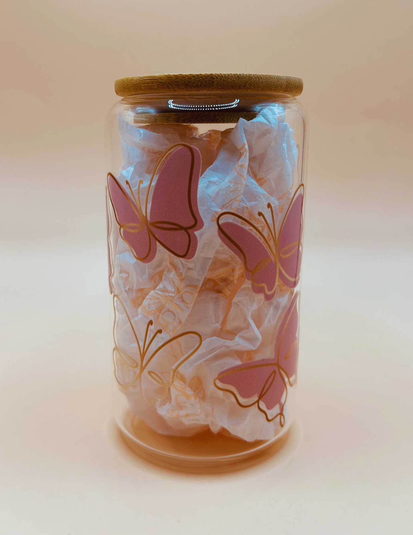 Rose Gold & Butterflies 16oz Libbey Glass Can