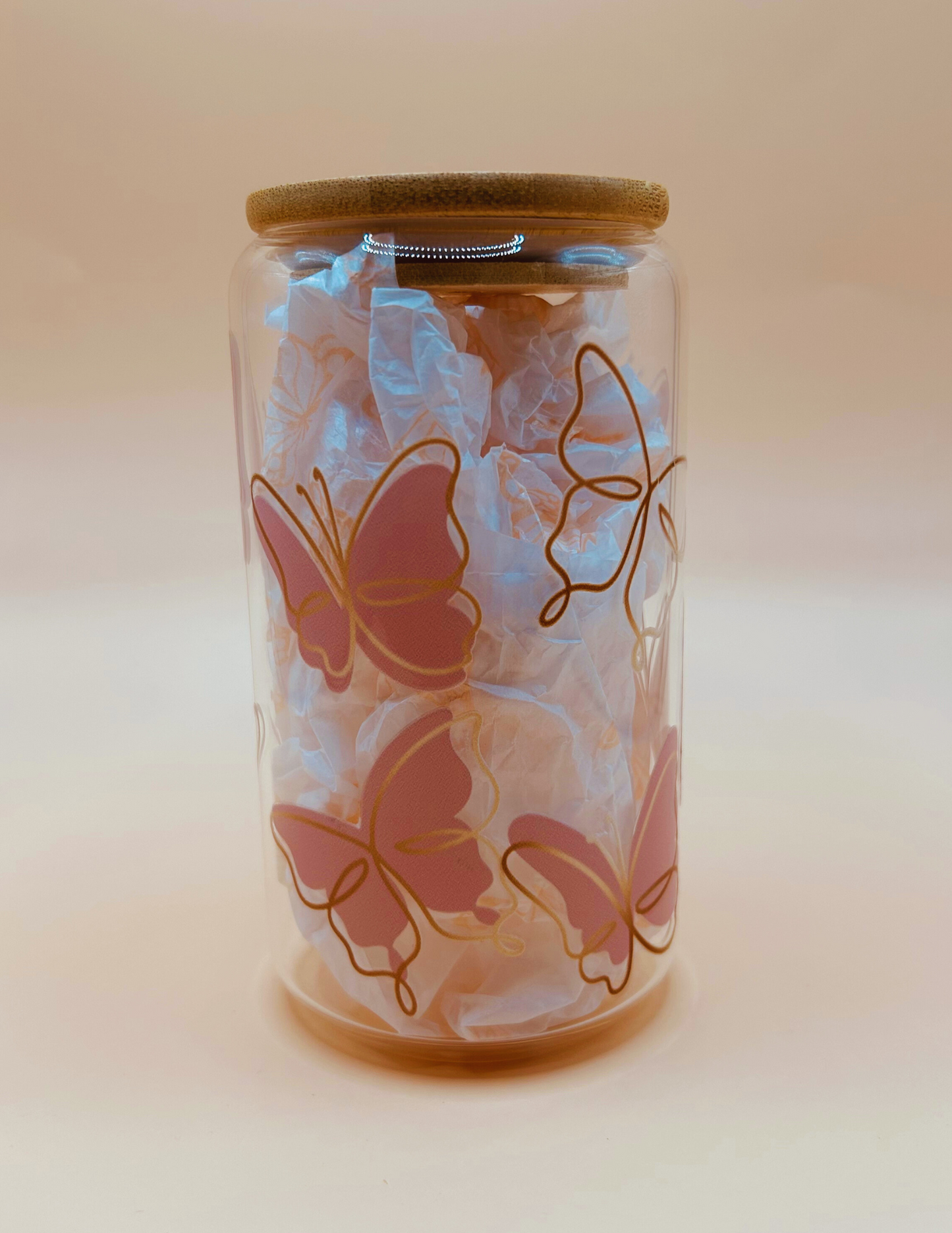 Rose Gold & Butterflies 16oz Libbey Glass Can